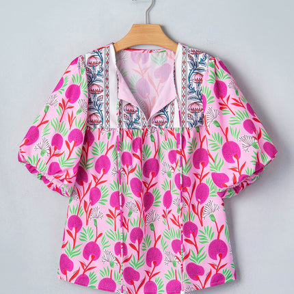 Jade Patchwork Tassel Tie Blouse