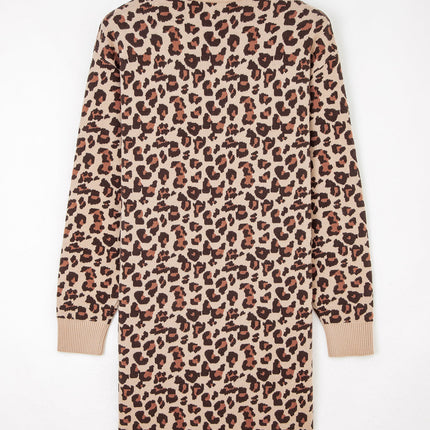 Khaki Leopard Print High Neck Shift Mini Sweater Dress - Femstylo