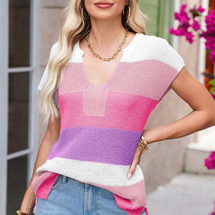 Multicolour Colorblock Notch V Neck Knit T Shirt