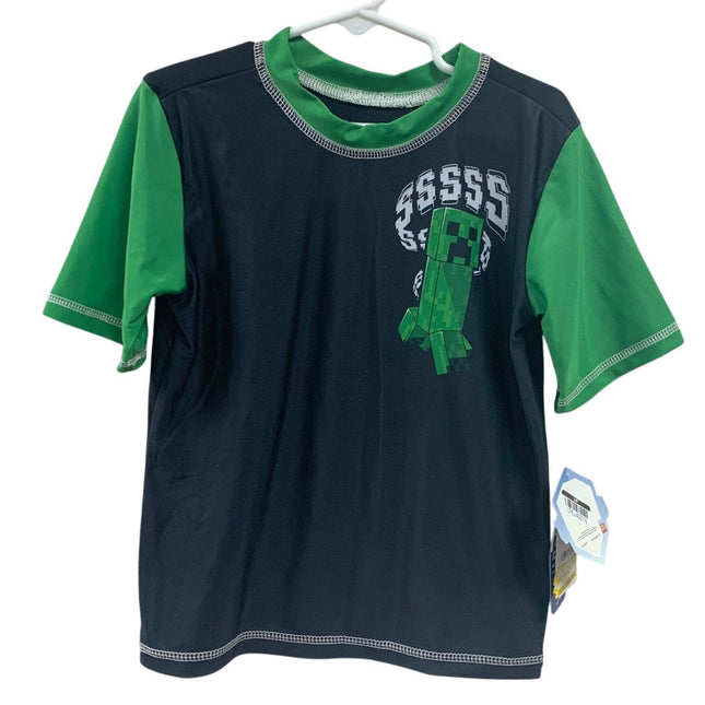 NWT New Minecraft Creeper Boys XS PolySpandex UPF 50+ Short Sleeve Swim Shirt