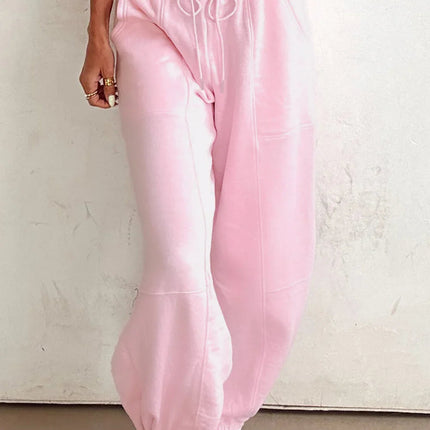 Lilac Tie Elastic Waist Solid Color Patchwork Jogger Pants