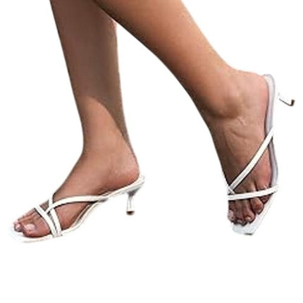 Athlefit Women Size 6 White Faux Leather Strappy 2.25" Kitten Heels Sandal Shoes