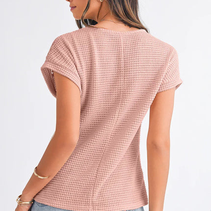 Mist Green Hollow Patchwork Waffle Knit Top