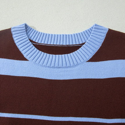 Sky Blue Stripe Striped Short Sleeve Round Neck Casual Knit Top