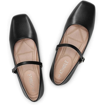 Athmile Womens Size 8.5 Black Faux Leather Mary Jane Flats Buckle Strap Shoes
