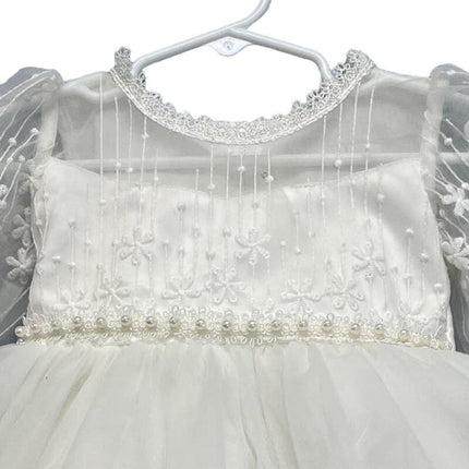 Girls Size 6 Long Sheer Sleeve Embroidered Pearls Flower Girl Wedding Dress