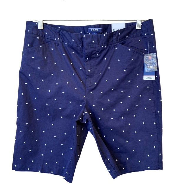 NWT New IZOD Womens Size 12 Navy Blue Cotton Blend Polka Dot Bermuda Short
