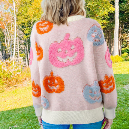 Beige Halloween Cute Pumpkin Pattern Sweater