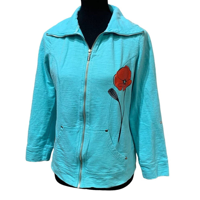 Hand Printed Upcycled Medium Red Poppy Flower 100% Cotton Full Zip Jacket