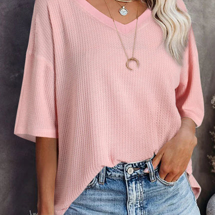 White Waffle Texture V Neck Drop Shoulder Loose Tee