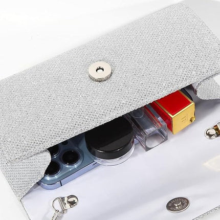 IovyoCoCo Womens Silver Glitter Magnetic Closure Chain Strap Handbag Clutch
