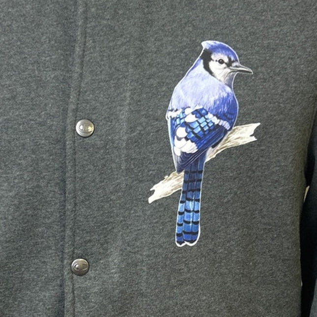 New Champion Mens Small Dark Gray Snap Up Hand Printed Blue Jay Bomber Jacket