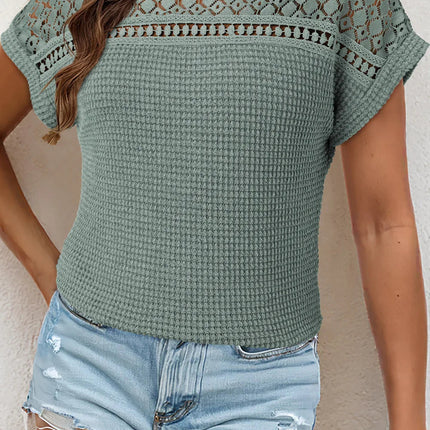 Mist Green Hollow Patchwork Waffle Knit Top