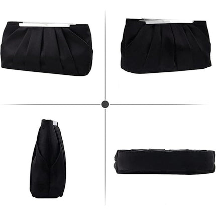 Lanpet Womens Black Silver Pleated Satin Magnetic Close Clutch Handbag
