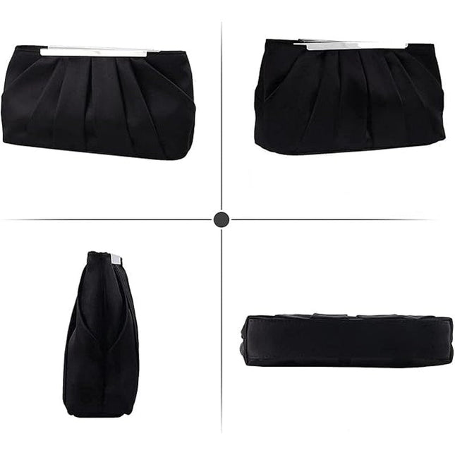Lanpet Womens Black Silver Pleated Satin Magnetic Close Clutch Handbag