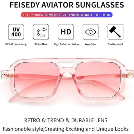 FEISEDY Pink Lens Vintage Square 70s Flat Aviator Sunglasses for Women
