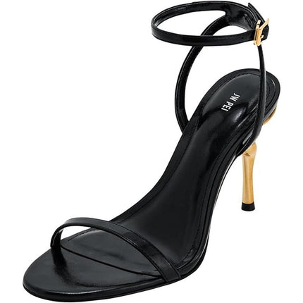 JW PEI Womens Size 8.5 Black Leather Alivia Gold Metal 4" Heels Sandals Shoes