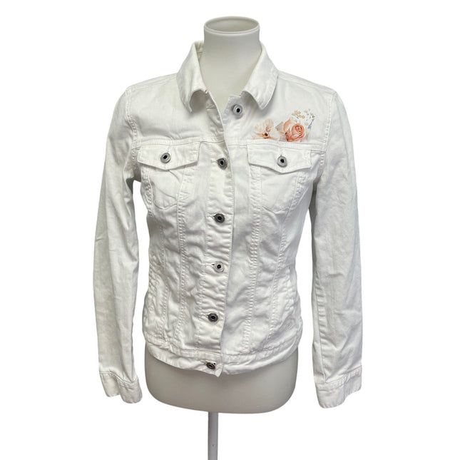 Hand Printed Upcycled Tommy Hilfiger Womens Medium Floral White Jean Jacket