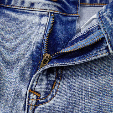 Beau Blue Pearl Studded Pocket Raw Hem Denim Shorts