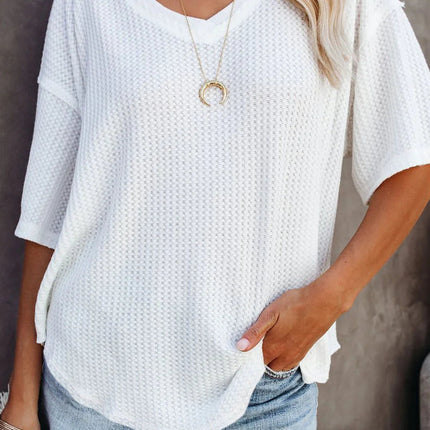 Blue Exposed Seam Drop Sleeve V Neck Waffle Textured Top