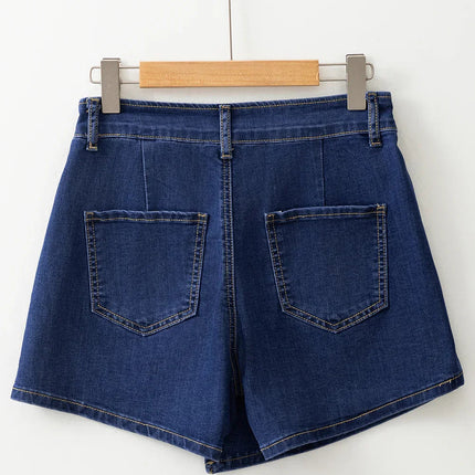 Bluing Asymmetric Wrapped Buttoned High Waist Denim Shorts