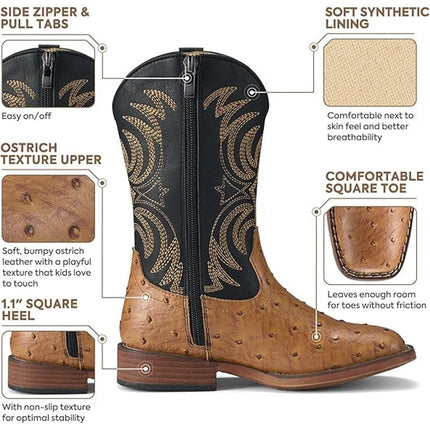 Rollda Boy Size 2 Black Tan Faux Leather Ostrich Square Toe Pull On Cowboy Boots