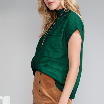 Green Patch Pocket Ribbed Knit Short Sleeve Sweater