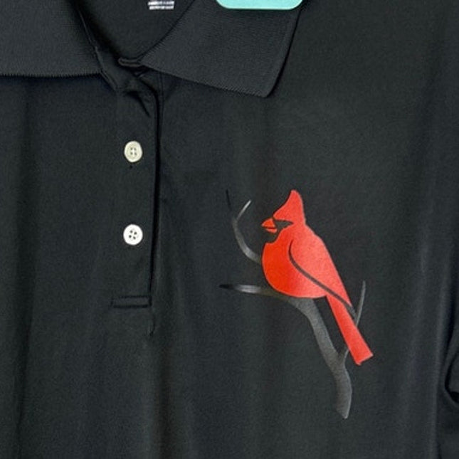 New Hand Printed Womens XL Red Cardinal Bird Black Short Sleeve Polo Shirt