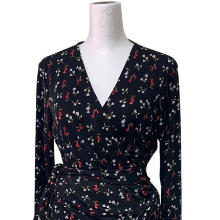 Lark & Ro Womens Medium Red Black Floral Long Sleeve V Neck Belt Tie Wrap Dress
