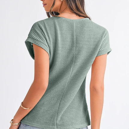 Mist Green Hollow Patchwork Waffle Knit Top