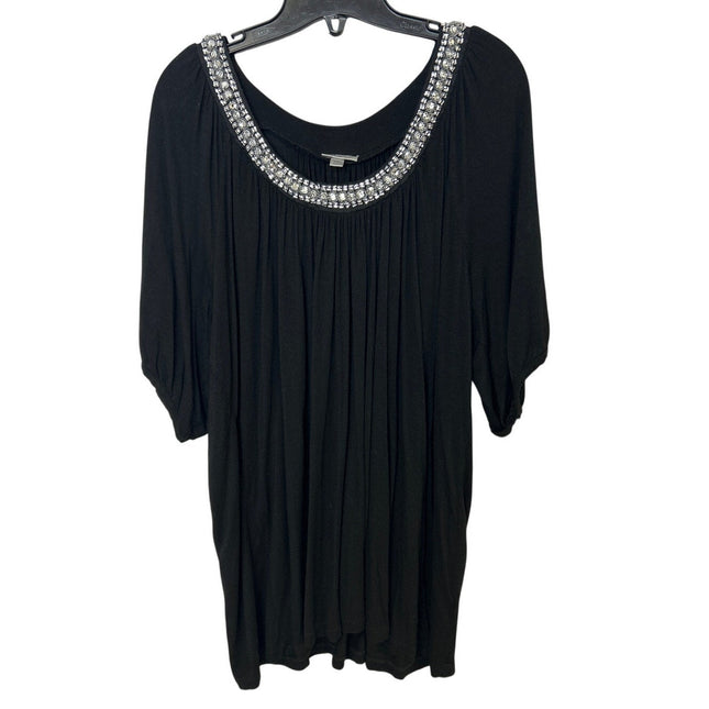 Avenue Womens Size 22/24 Black Beaded Rhinestone Collar Short Sleeve Blouse