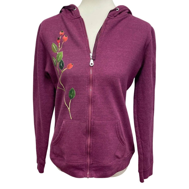 Hand Printed Upcycled Womens Medium Cottage Core Berry Full Zip Hoodie Jacket