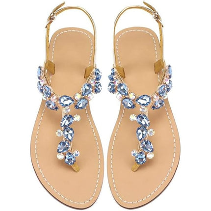 Aijivou Womens Size 8.5 Blue Rhinestone Sandals Flip Flop Open Round Toe Shoes