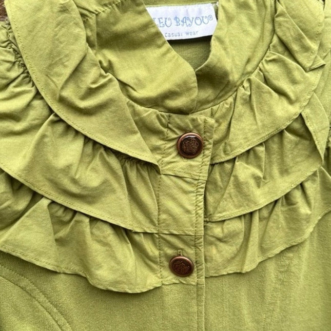 NWT New Bleu Bayou Womens Small Green Ruffle 3/4 Sleeve Button Up Jacket