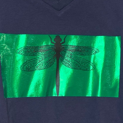 New Upcycled Hand Printed Womens Small Navy Green Dragonfly Short Sleeve Tee