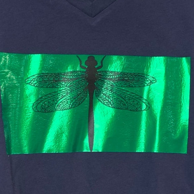 New Upcycled Hand Printed Womens Small Navy Green Dragonfly Short Sleeve Tee