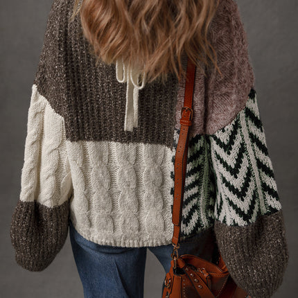 Brown Colorblock Patchwork Knotted Back Loose Fit Sweater