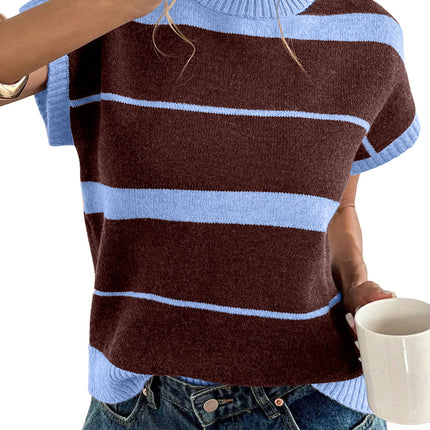 Sky Blue Stripe Striped Short Sleeve Round Neck Casual Knit Top