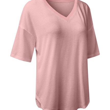 White Waffle Texture V Neck Drop Shoulder Loose Tee