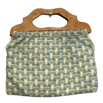 Vintage 1980s Handmade Wood Handle Woven Yarn Fabric Purse Handbag Bag