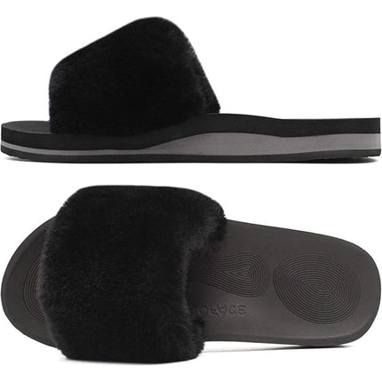 New Coface Womens Size 8 Black Fuzzy Slides Open Round Toe Sandal House Shoes