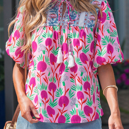 Jade Patchwork Tassel Tie Blouse