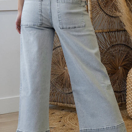 Sky Blue Striped Button Flap Pocket Cuffed Hem Wide Leg Jeans