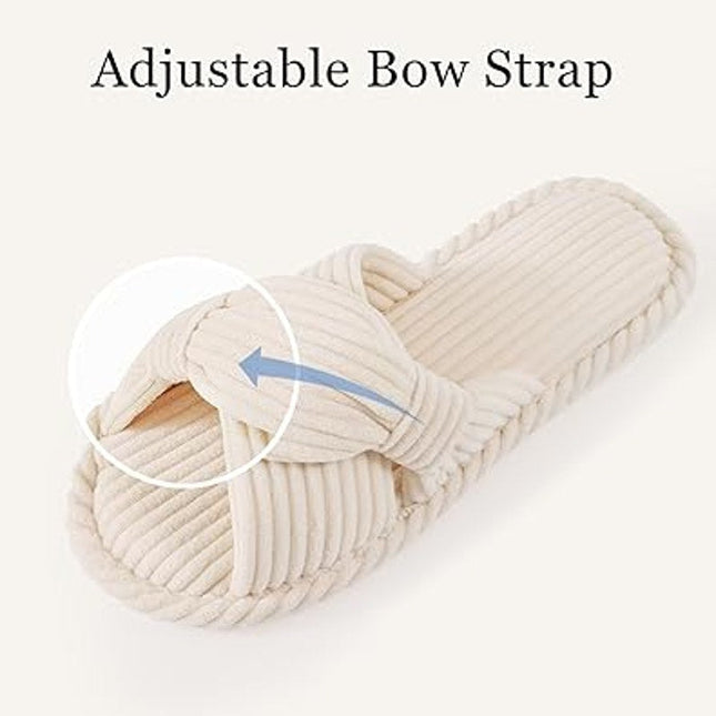 Evshine Womens Size 8/9 Cream Soft Corduroy Bow Slide On Open Toe Slipper Shoes