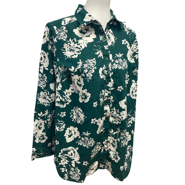 Roaman's Plus Size 16W Long Sleeve Button Down Cotton Floral Top Blouse Shirt