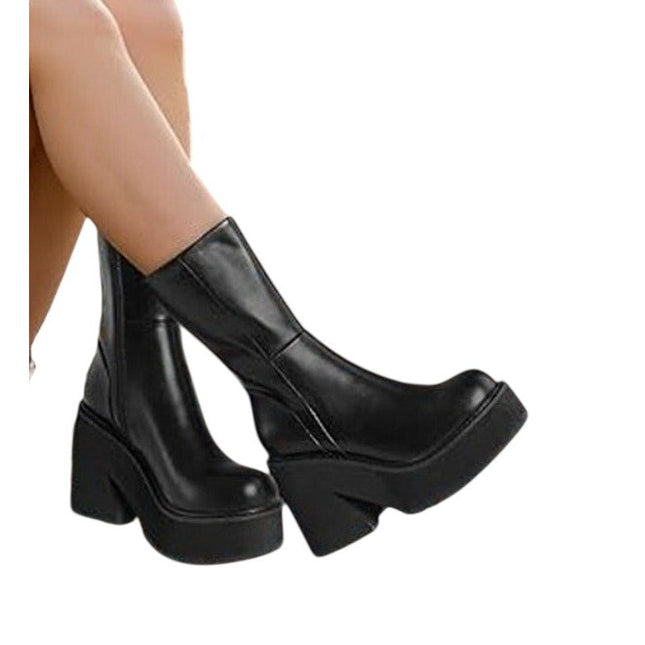 New Aminugal Womens Size 5.5 Black Faux Leather 4" Platform Heel Ankle Boots
