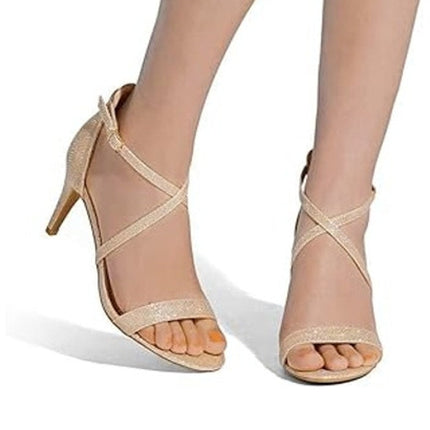 Dream Pairs Womens 6.5 Gold Glitter 3" Heel Stiletto Open Toe Ankle Wrap Shoes