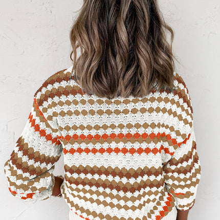 Brown Striped Eyelet Pattern Drop Shoulder Sweater - Femstylo