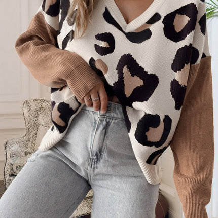 Jet Stream Leopard Print Colorblock Patchwork Sleeve V Neck Sweater