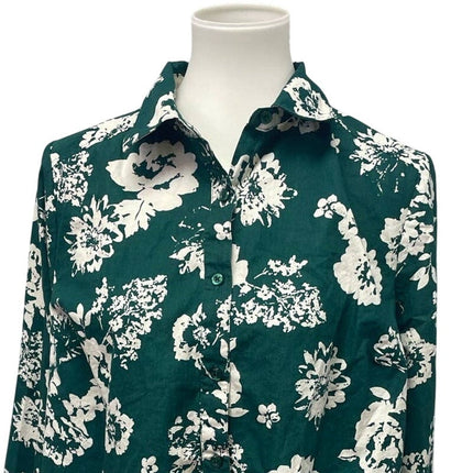 Roaman's Plus Size 16W Long Sleeve Button Down Cotton Floral Top Blouse Shirt